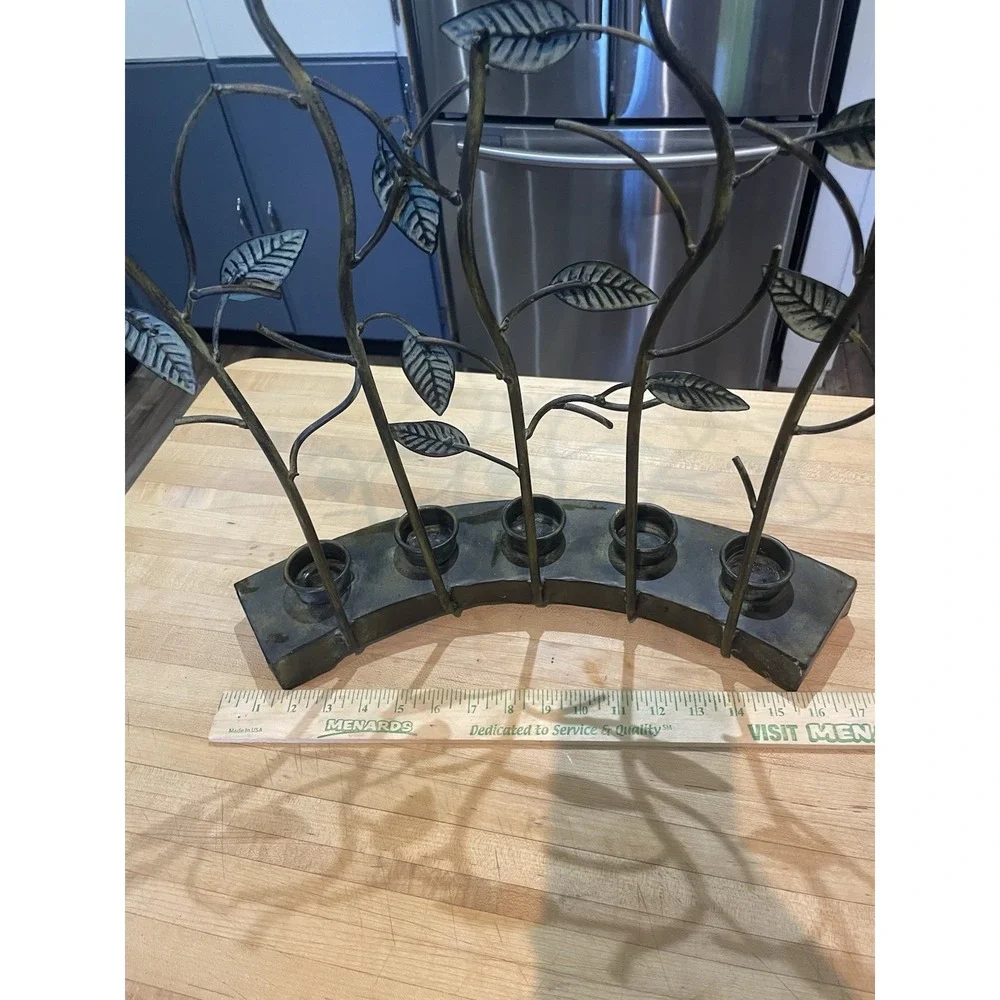 Bronze & Green Twig & Leaf Metal Tea Light 5 Candle Holder Rustic Decor Mantle